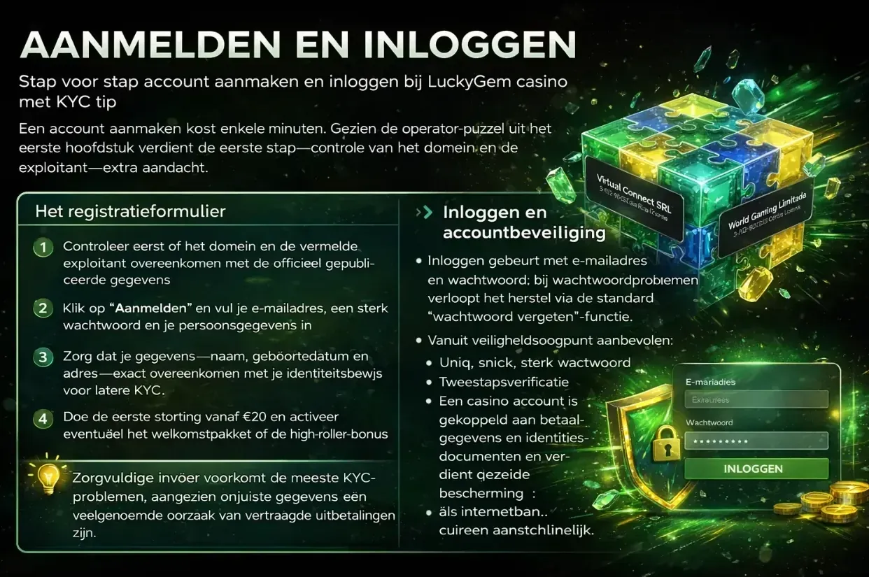 Stap voor stap account aanmaken en inloggen bij Luckygem casino met KYC tip